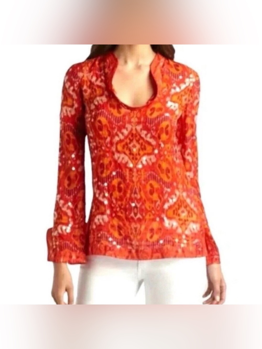 Tory Burch | Ikat Stephanie Tunic | Silk Blend | Sequins | Flare Sleeve | Size 2